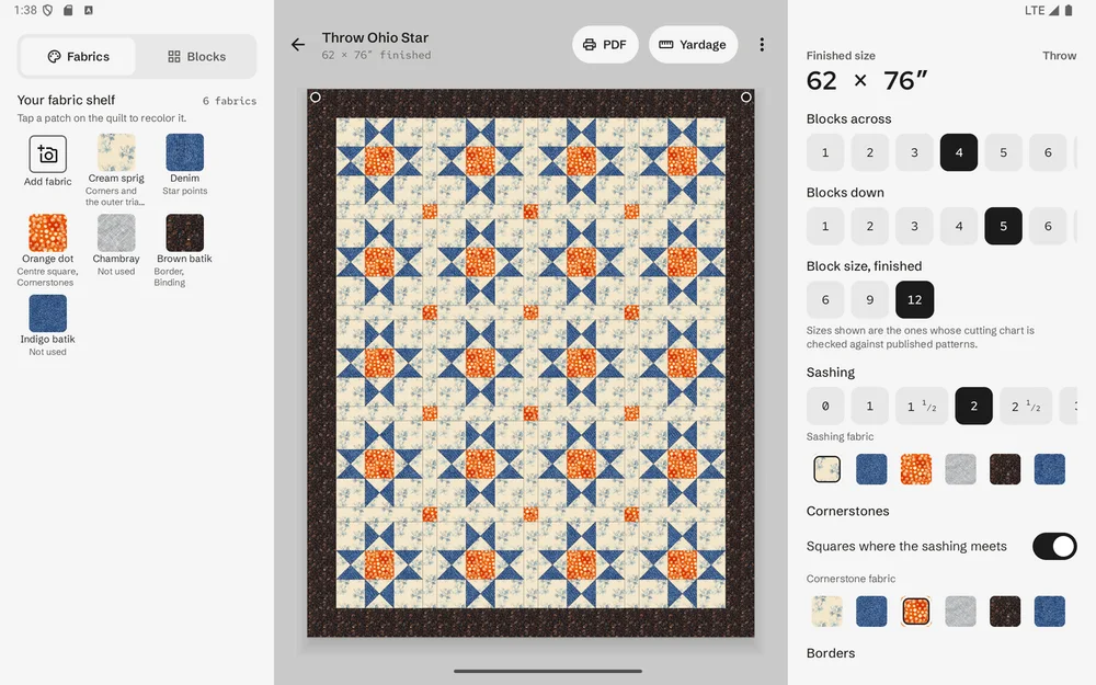 Sashing on a tablet in landscape: the quilt fills the screen like a design wall, with the panels beside it